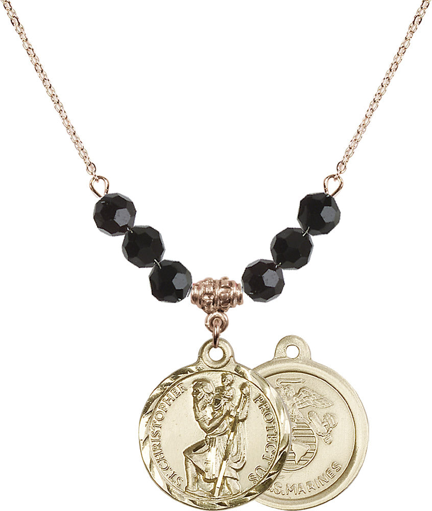 14kt Gold Filled Saint Christopher / Marines Birthstone Necklace with Jet Beads - 0192