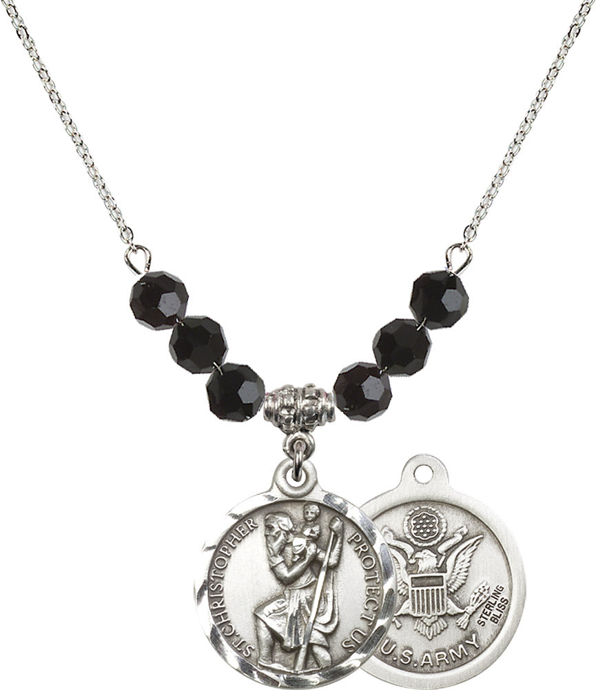 Sterling Silver Saint Christopher / Army Birthstone Necklace with Jet Beads - 0192