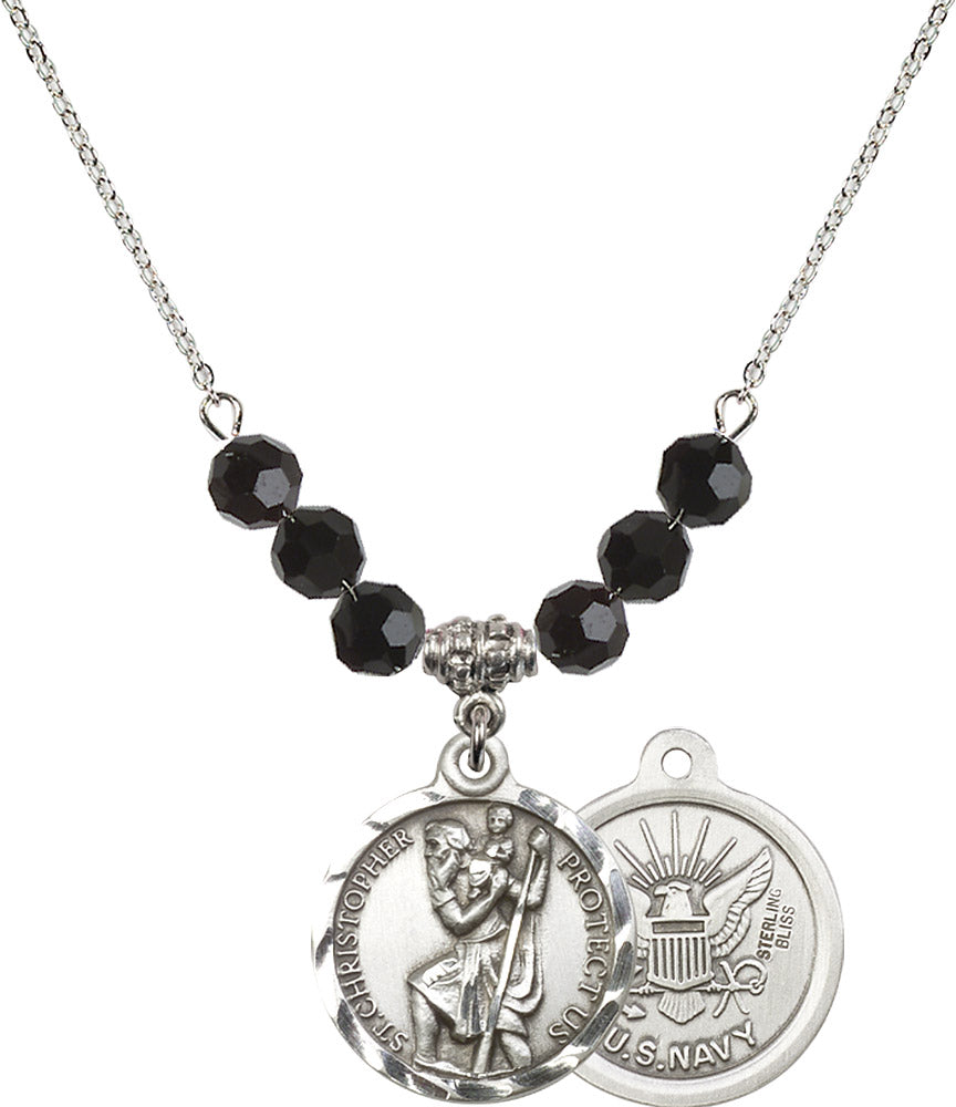 Sterling Silver Saint Christopher / Navy Birthstone Necklace with Jet Beads - 0192