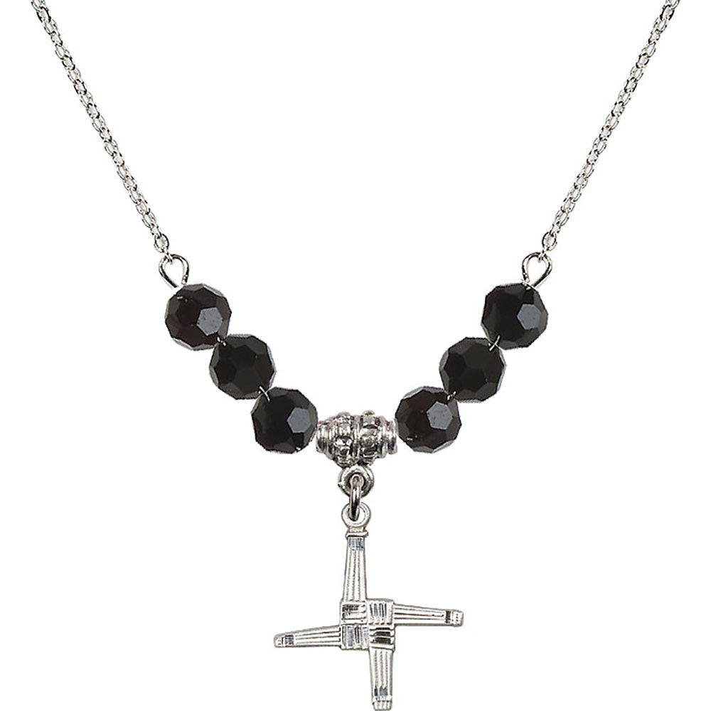 Sterling Silver Saint Brigid Cross Birthstone Necklace with Jet Beads - 0290
