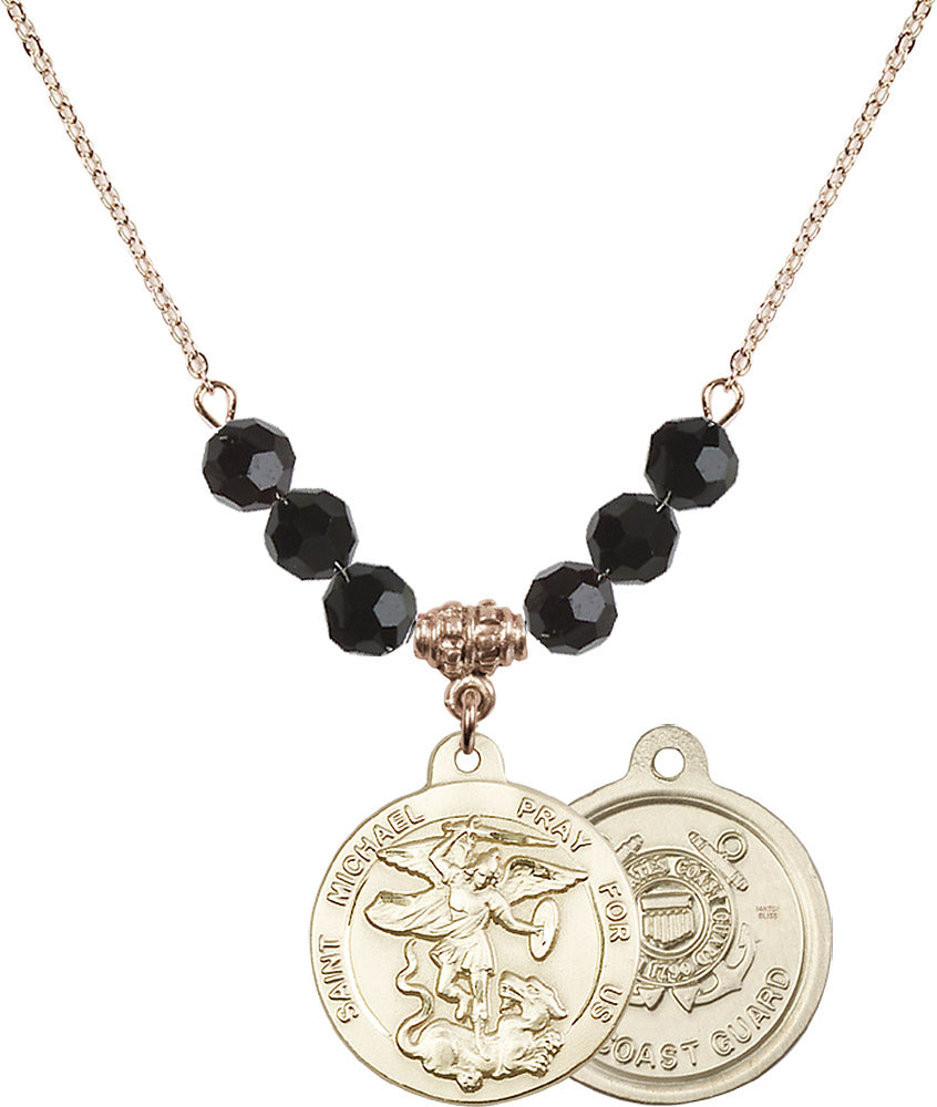 14kt Gold Filled Saint Michael / Coast Guard Birthstone Necklace with Jet Beads - 0342