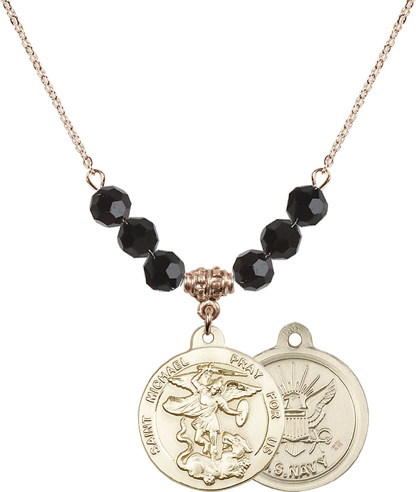 14kt Gold Filled Saint Michael / Navy Birthstone Necklace with Jet Beads - 0342