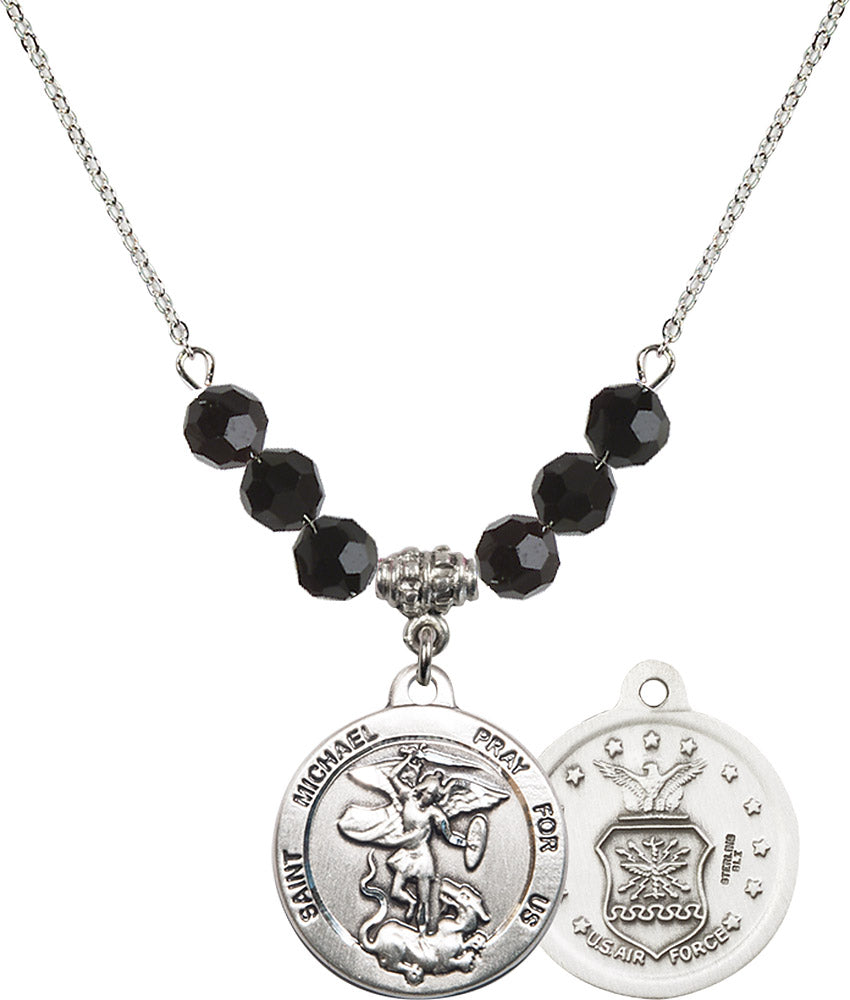 Sterling Silver Saint Michael / Air Force Birthstone Necklace with Jet Beads - 0342