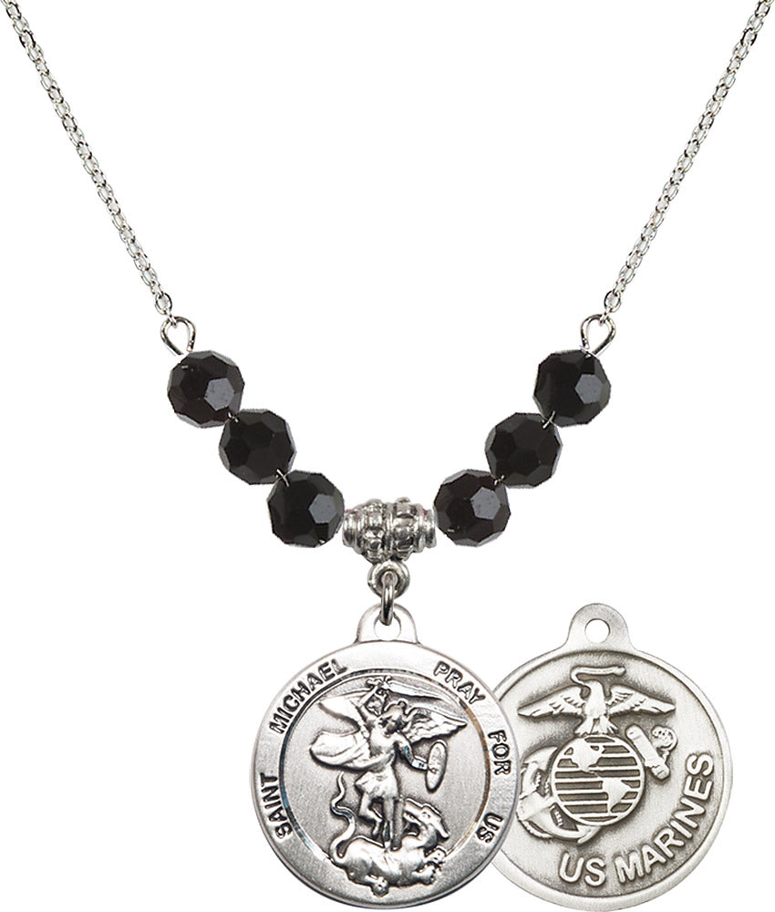 Sterling Silver Saint Michael / Marines Birthstone Necklace with Jet Beads - 0342