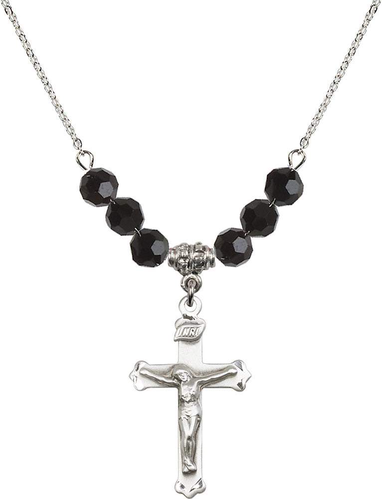 Sterling Silver Crucifix Birthstone Necklace with Jet Beads - 0651