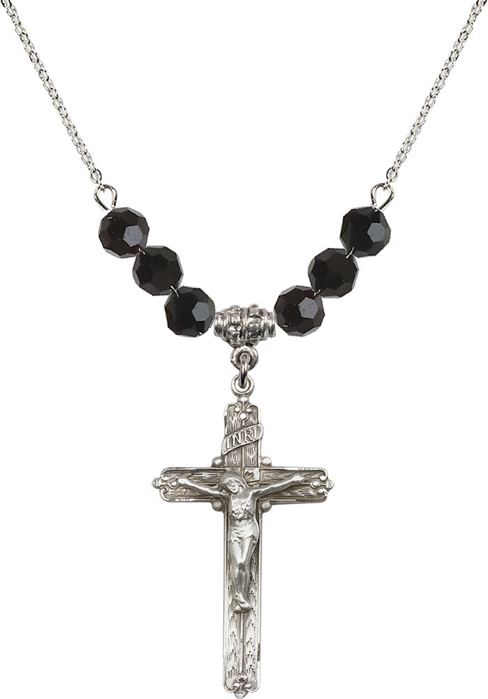 Sterling Silver Crucifix Birthstone Necklace with Jet Beads - 0655