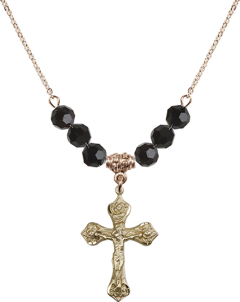 14kt Gold Filled Crucifix Birthstone Necklace with Jet Beads - 0662