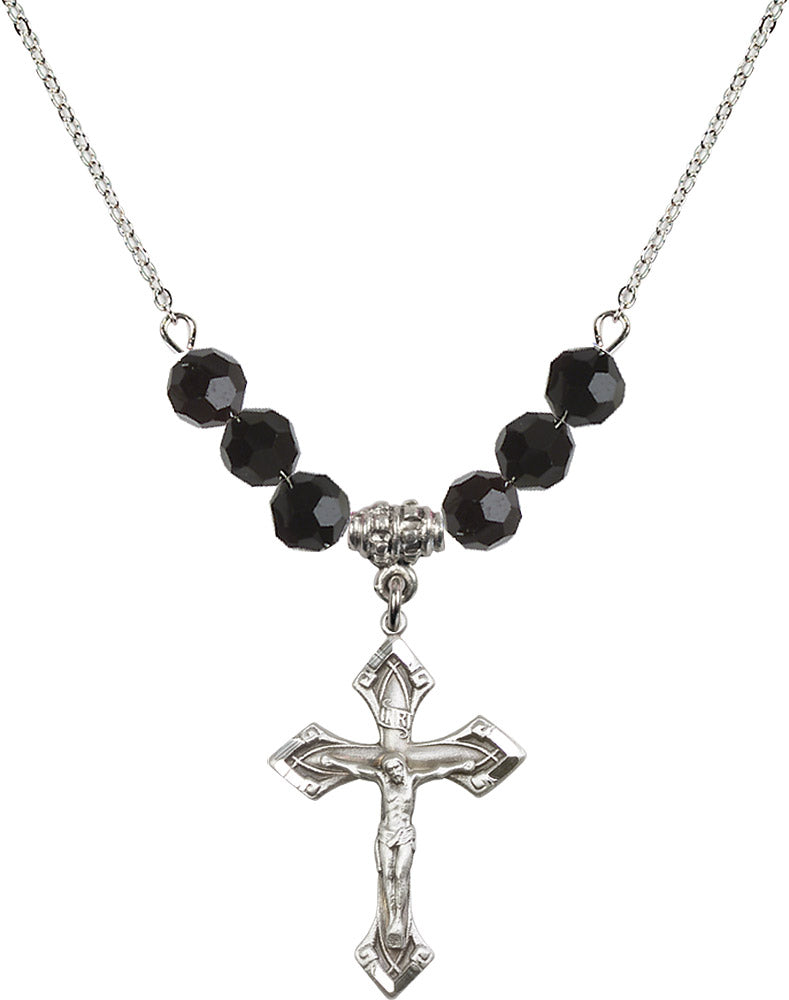 Sterling Silver Crucifix Birthstone Necklace with Jet Beads - 0663