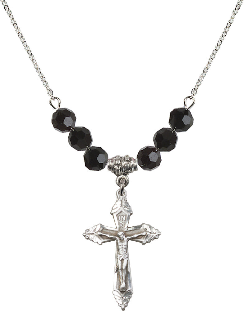 Sterling Silver Crucifix Birthstone Necklace with Jet Beads - 0665