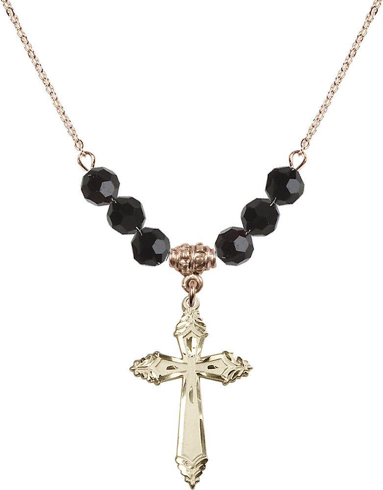 14kt Gold Filled Cross Birthstone Necklace with Jet Beads - 0665