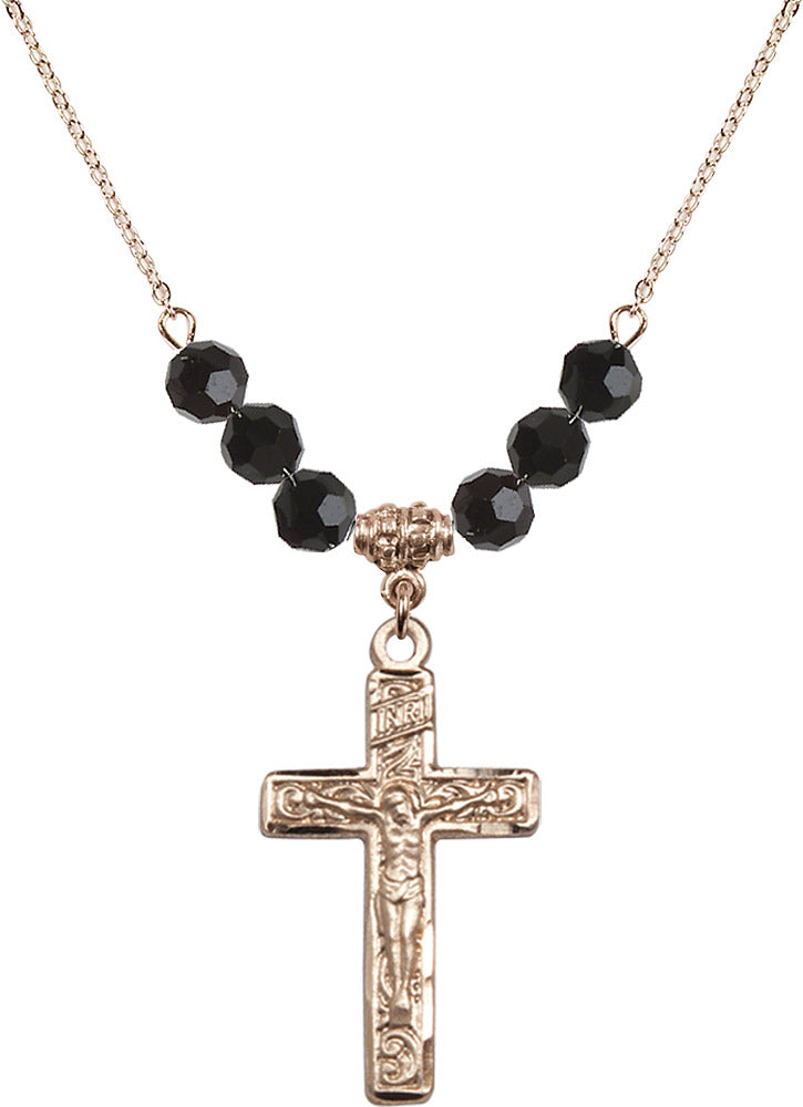 14kt Gold Filled Crucifix Birthstone Necklace with Jet Beads - 0674