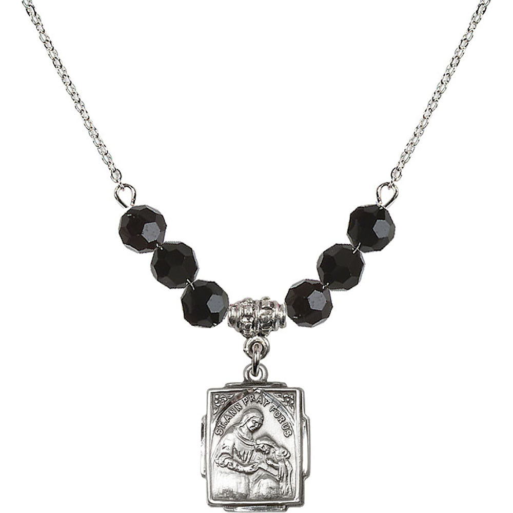 Sterling Silver Saint Ann Birthstone Necklace with Jet Beads - 0804