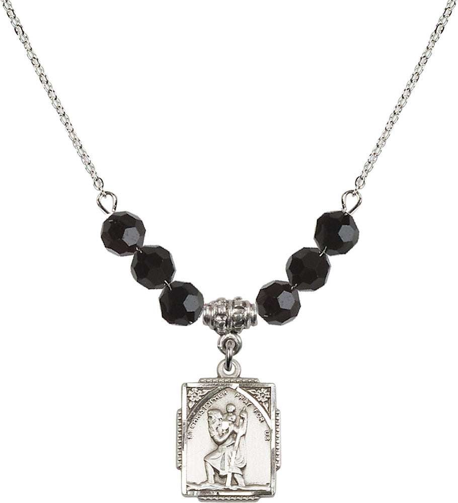 Sterling Silver Saint Christopher Birthstone Necklace with Jet Beads - 0804