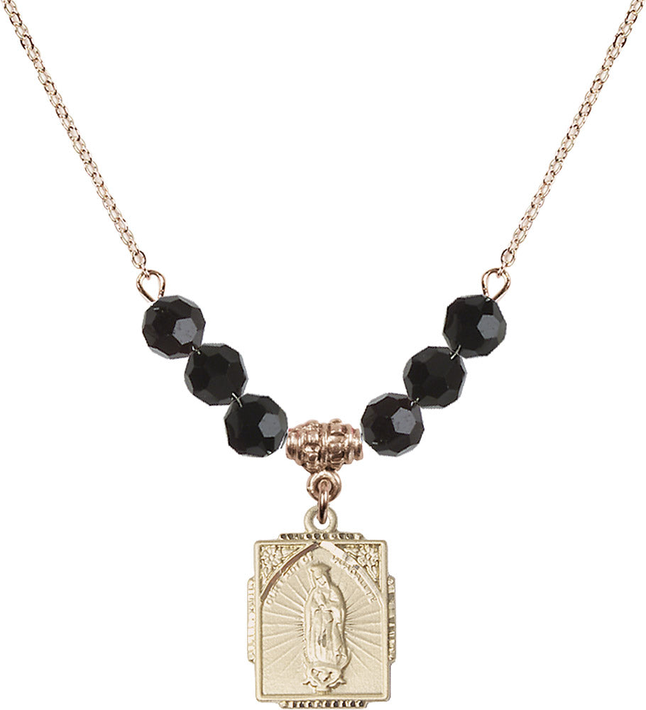 14kt Gold Filled Our Lady of Guadalupe Birthstone Necklace with Jet Beads - 0804