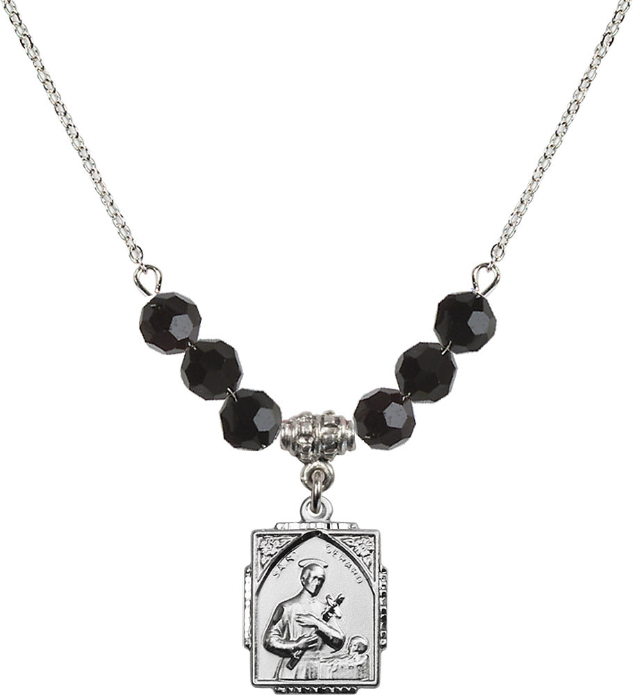 Sterling Silver Saint Gerard Birthstone Necklace with Jet Beads - 0804