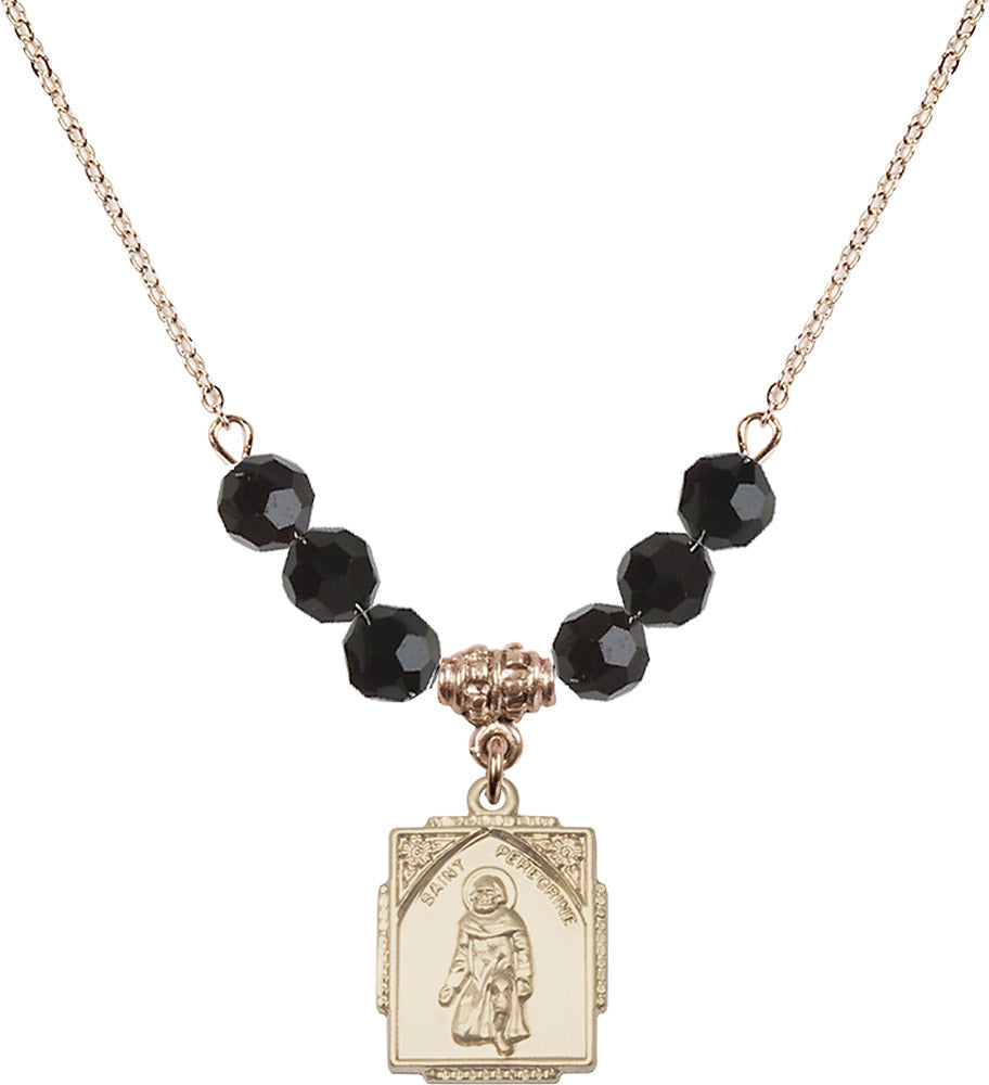 14kt Gold Filled Saint Peregrine Birthstone Necklace with Jet Beads - 0804