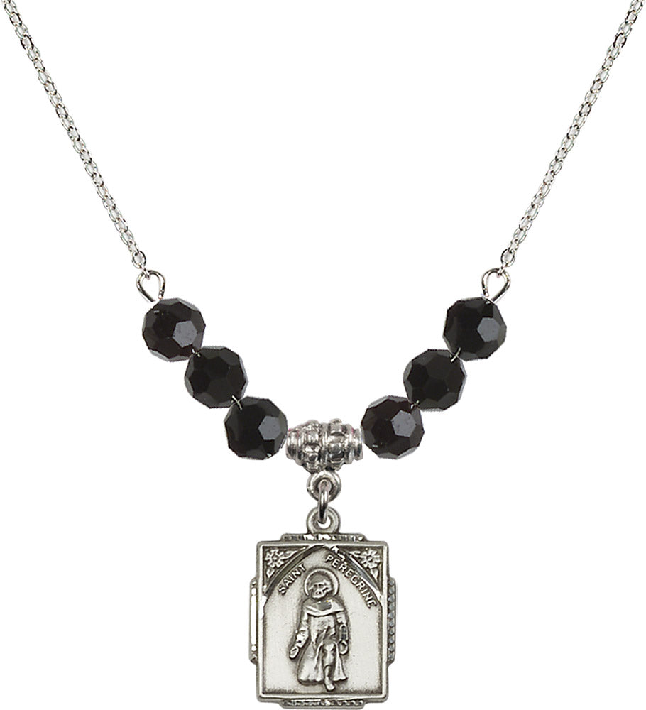 Sterling Silver Saint Peregrine Birthstone Necklace with Jet Beads - 0804