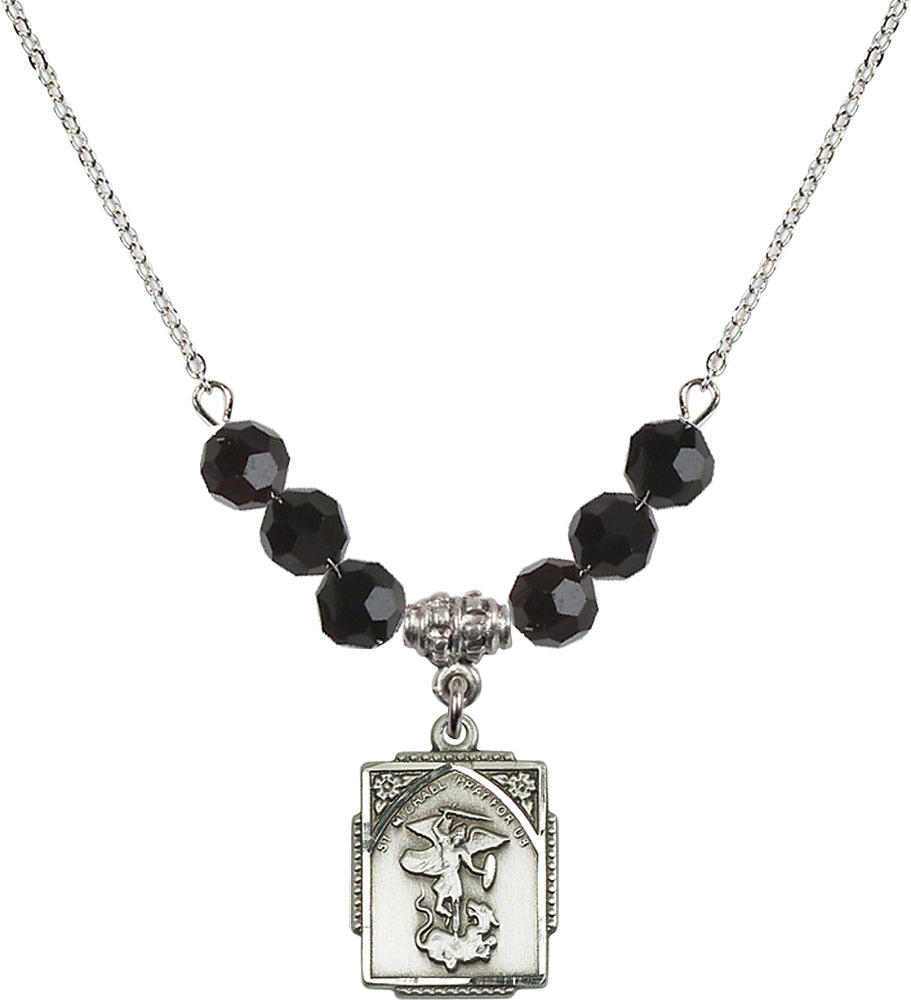 Sterling Silver Saint Michael the Archangel Birthstone Necklace with Jet Beads - 0804