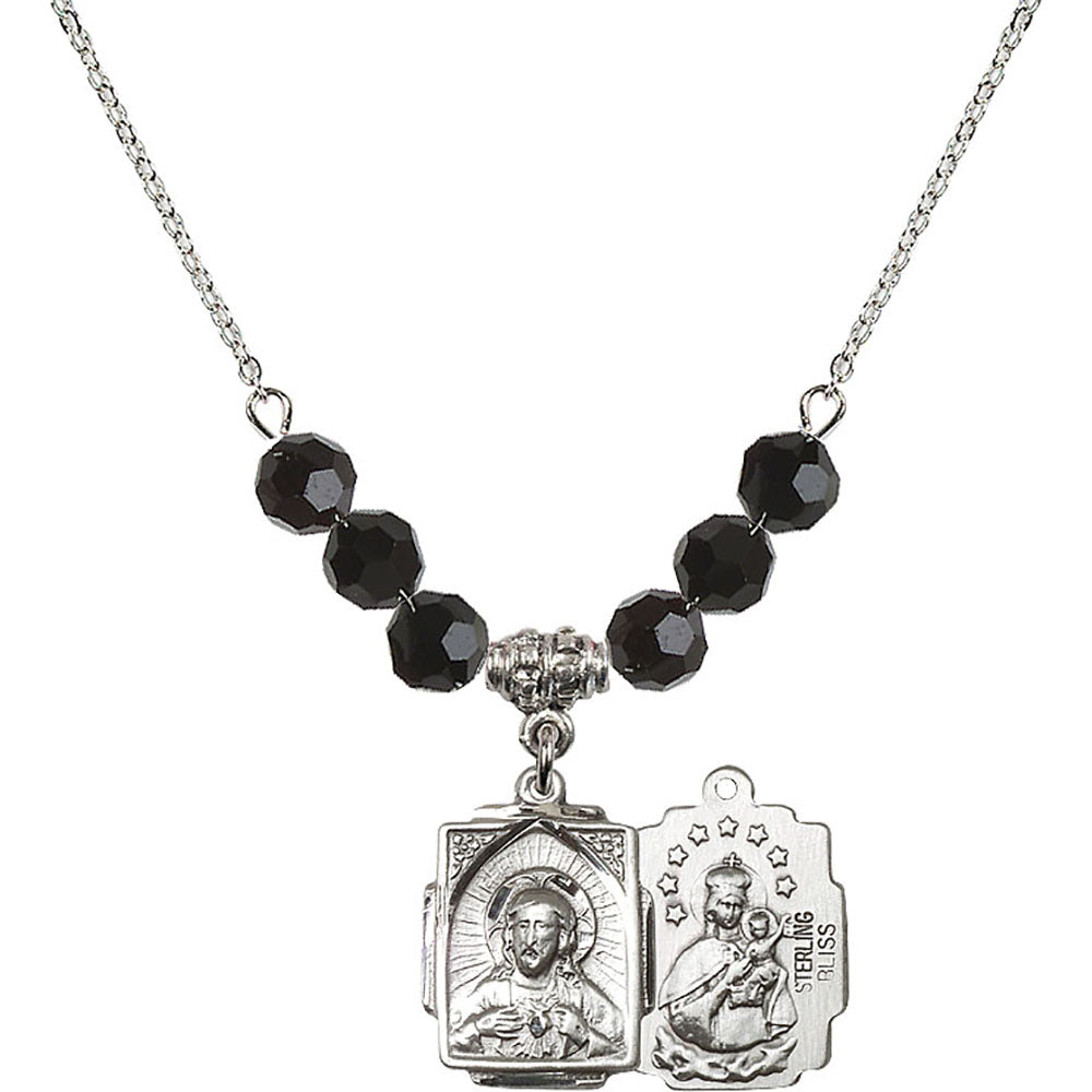 Sterling Silver Scapular Birthstone Necklace with Jet Beads - 0804
