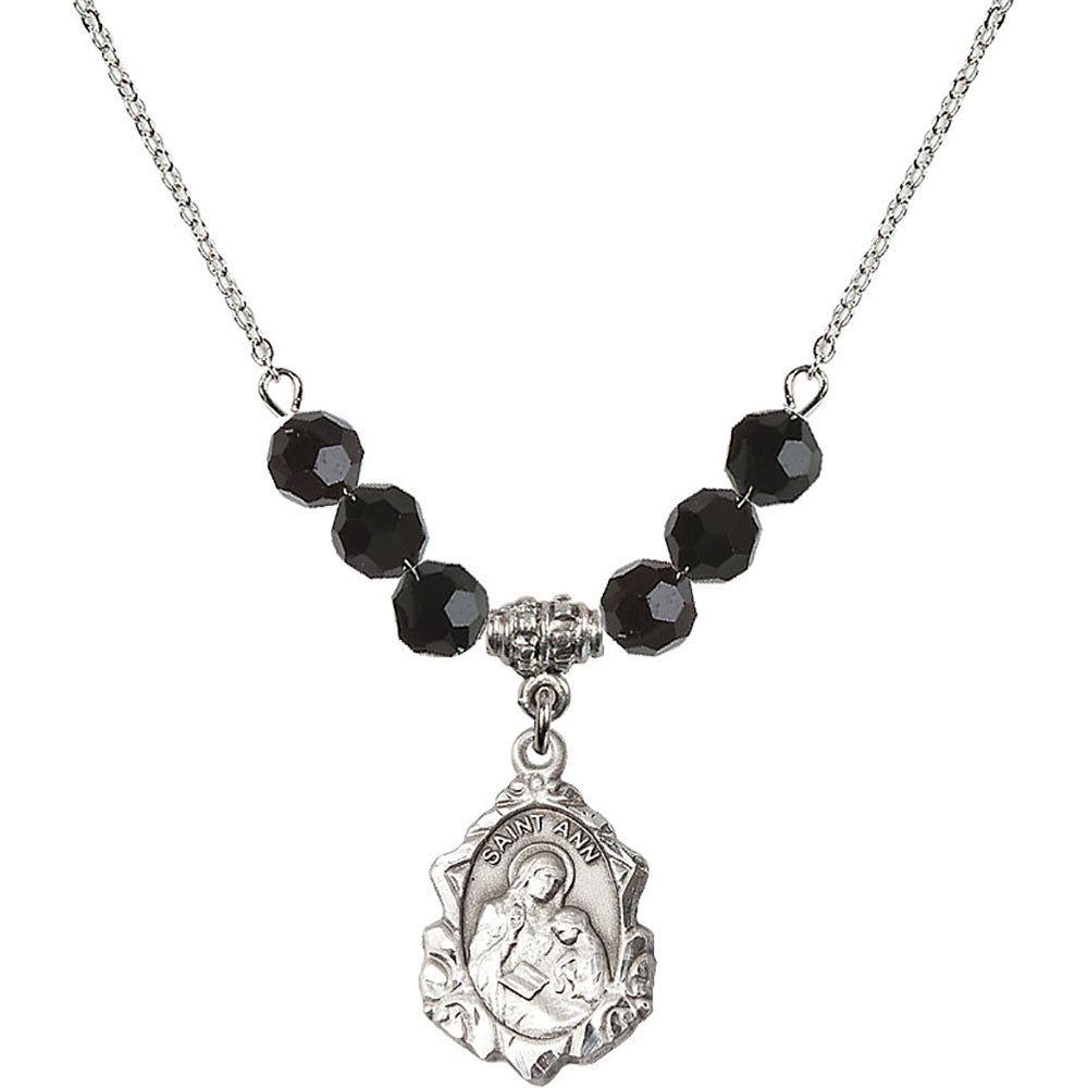 Sterling Silver Saint Ann Birthstone Necklace with Jet Beads - 0822