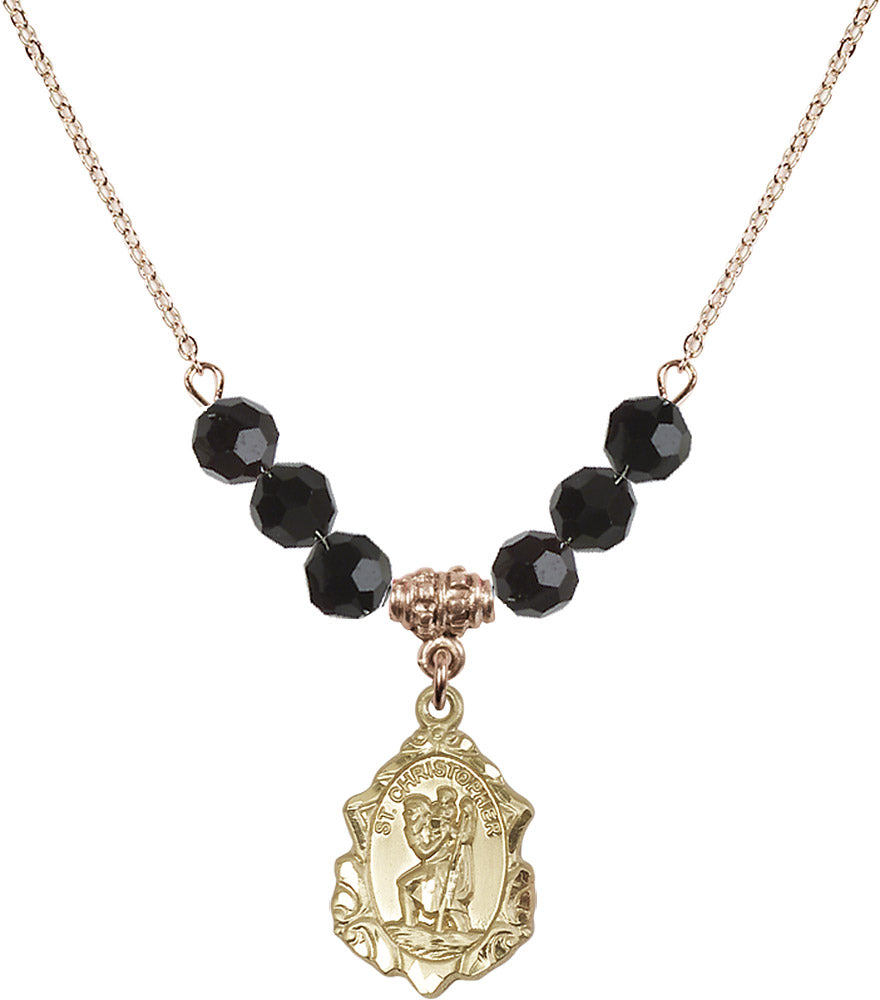14kt Gold Filled Saint Christopher Birthstone Necklace with Jet Beads - 0822