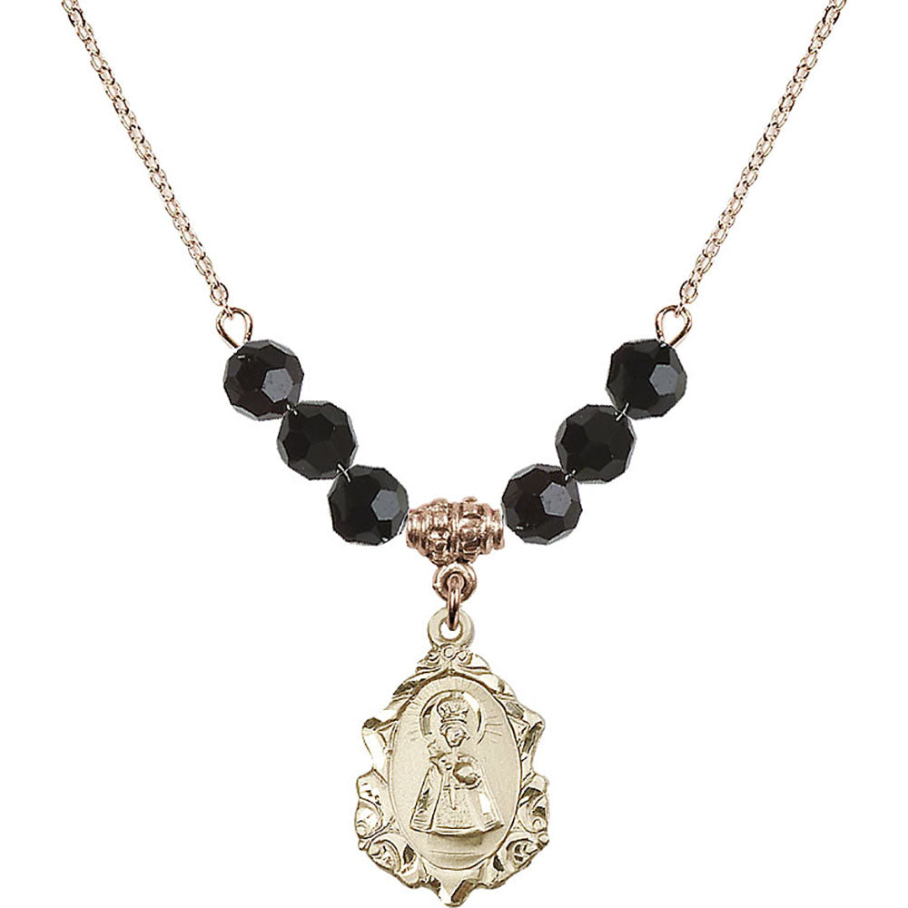 14kt Gold Filled Infant of Prague Birthstone Necklace with Jet Beads - 0822