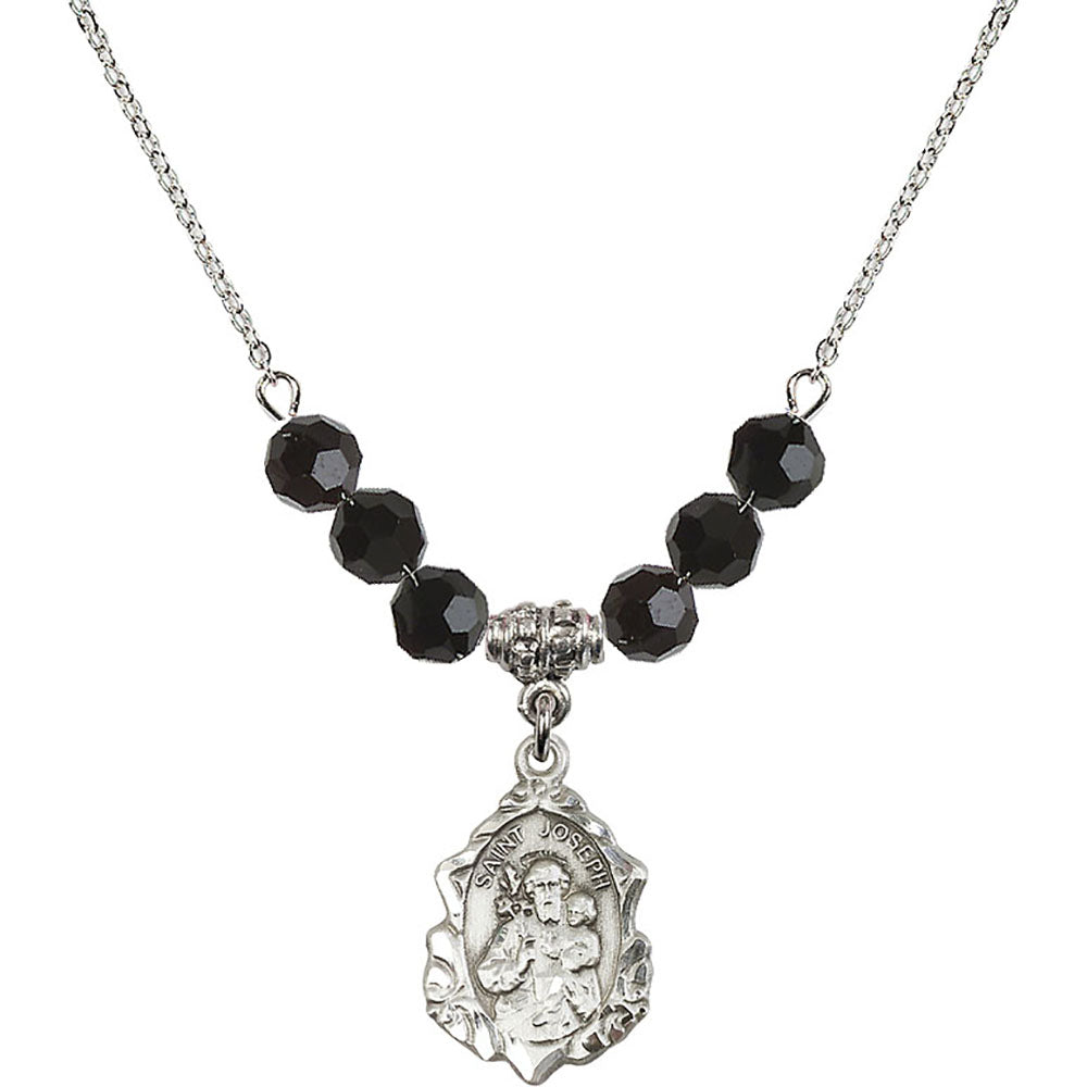 Sterling Silver Saint Joseph Birthstone Necklace with Jet Beads - 0822