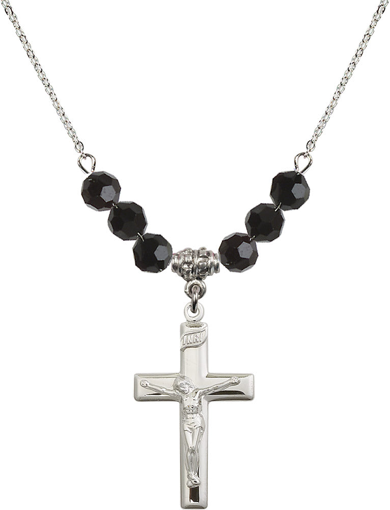 Sterling Silver Crucifix Birthstone Necklace with Jet Beads - 2191