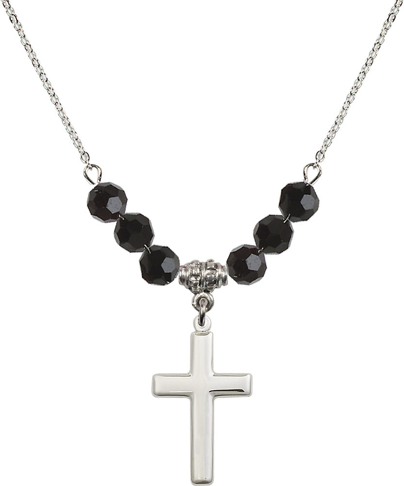 Sterling Silver Cross Birthstone Necklace with Jet Beads - 2195