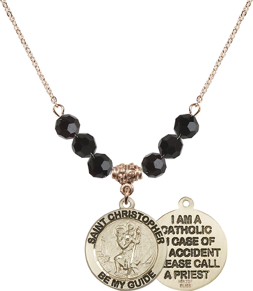 14kt Gold Filled Saint Christopher Birthstone Necklace with Jet Beads - 4049
