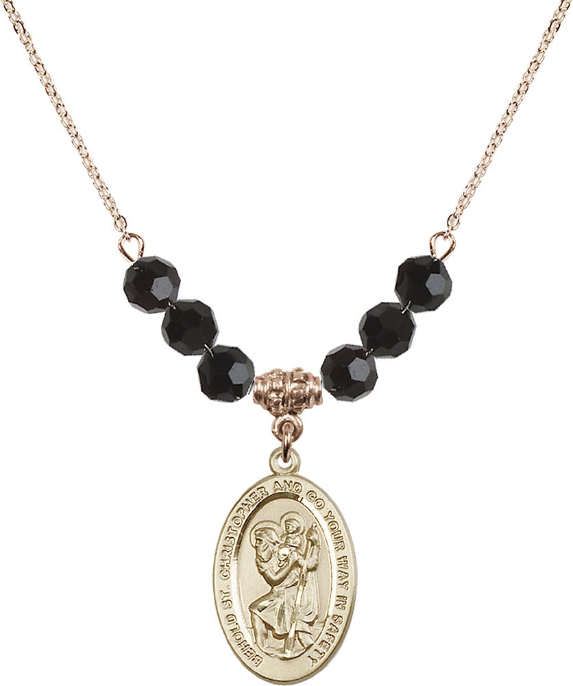 14kt Gold Filled Saint Christopher Birthstone Necklace with Jet Beads - 4123