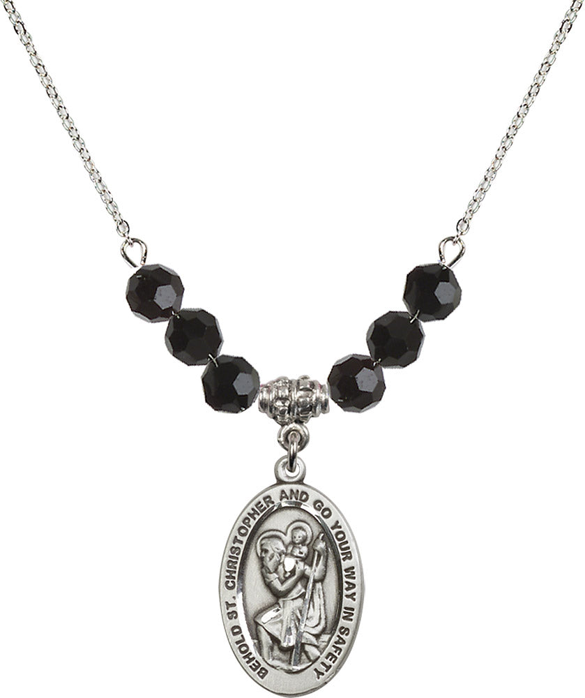 Sterling Silver Saint Christopher Birthstone Necklace with Jet Beads - 4123