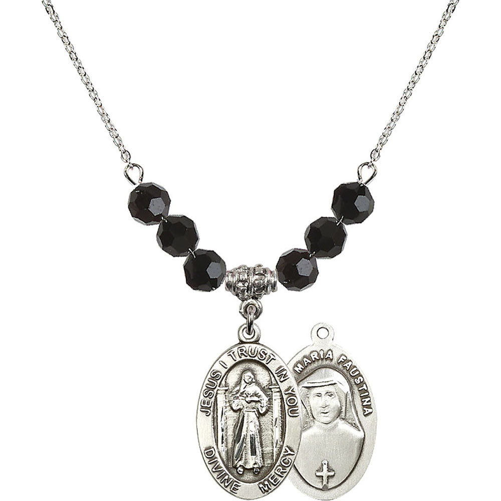 Sterling Silver Divine Mercy Birthstone Necklace with Jet Beads - 4123