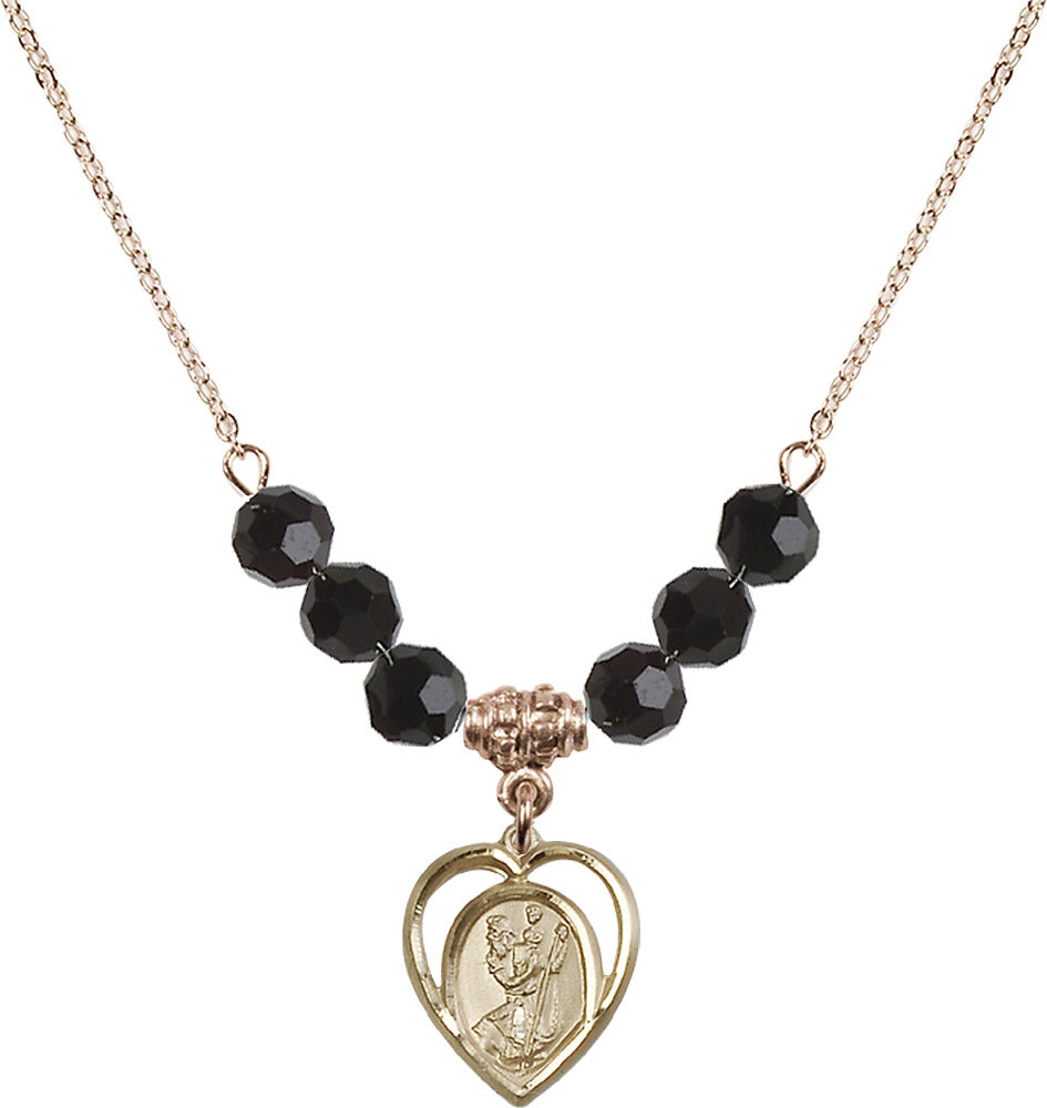 14kt Gold Filled Saint Christopher Birthstone Necklace with Jet Beads - 4127