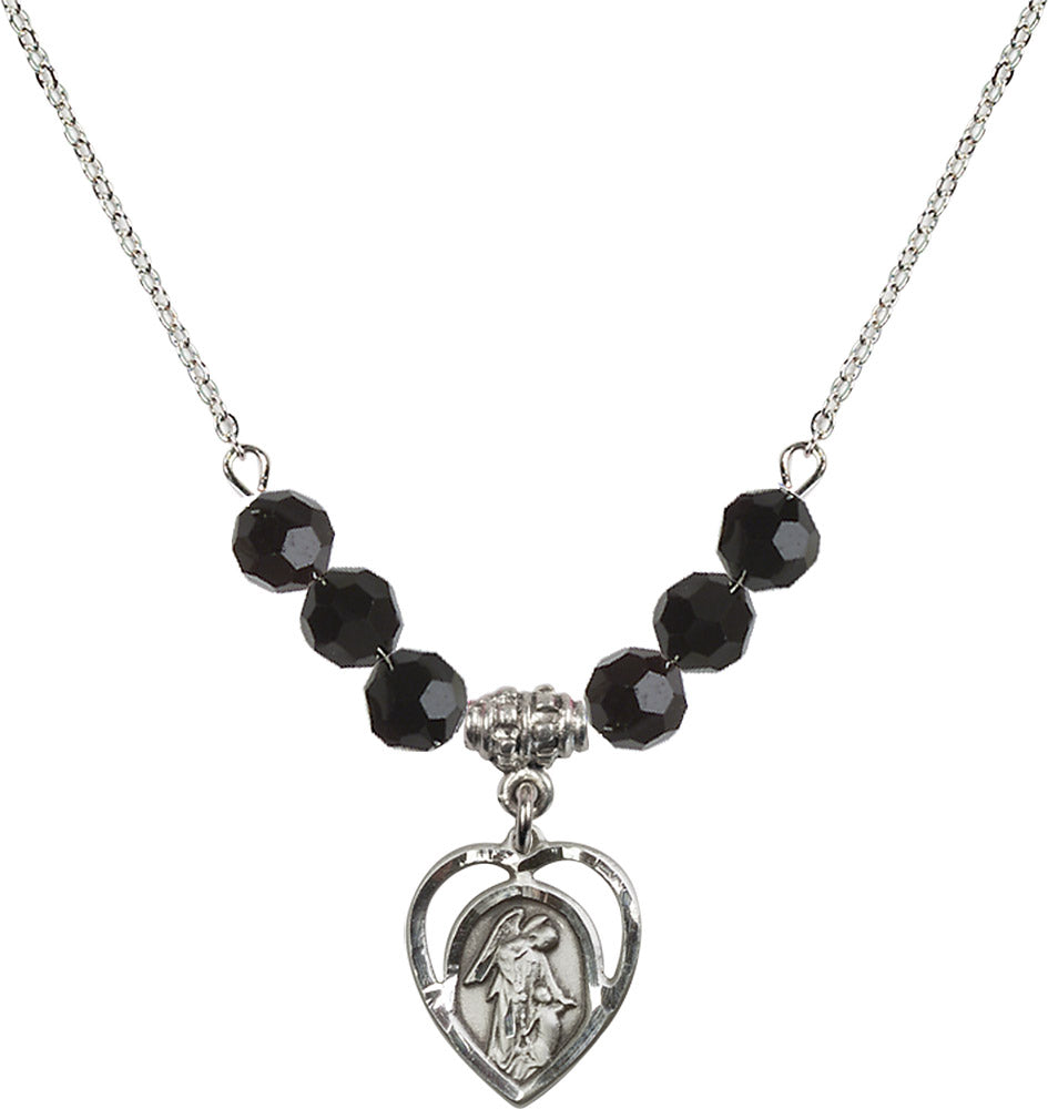 Sterling Silver Guardian Angel Birthstone Necklace with Jet Beads - 4129