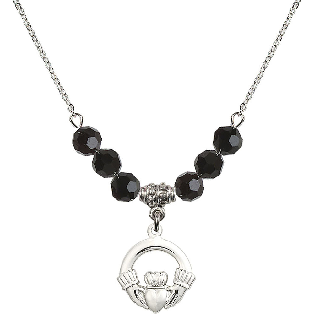 Sterling Silver Claddagh Birthstone Necklace with Jet Beads - 4138