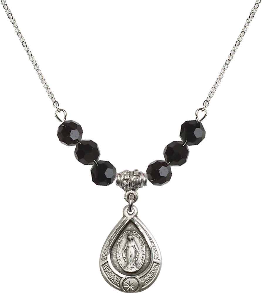 Sterling Silver Miraculous Birthstone Necklace with Jet Beads - 4144