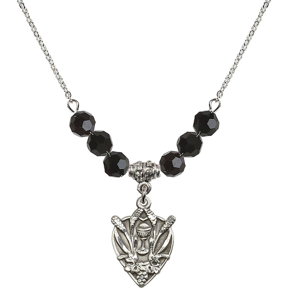 Sterling Silver Communion Birthstone Necklace with Jet Beads - 4200