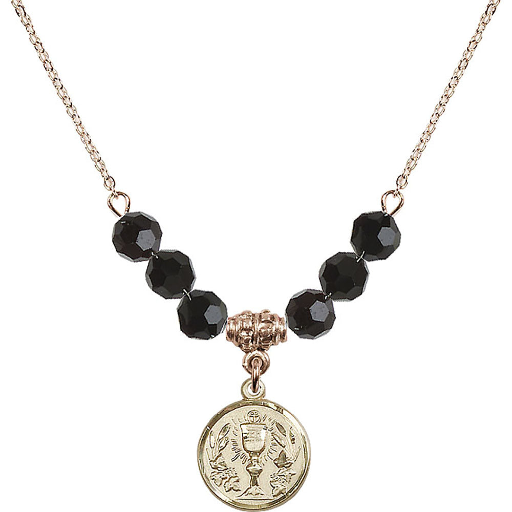 14kt Gold Filled Communion Chalice Birthstone Necklace with Jet Beads - 4203