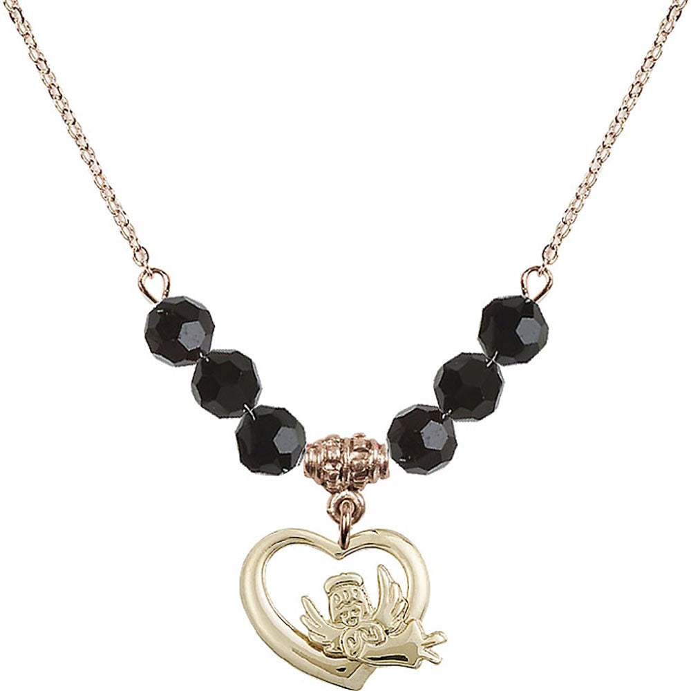 14kt Gold Filled Heart / Guardian Angel Birthstone Necklace with Jet Beads - 4206