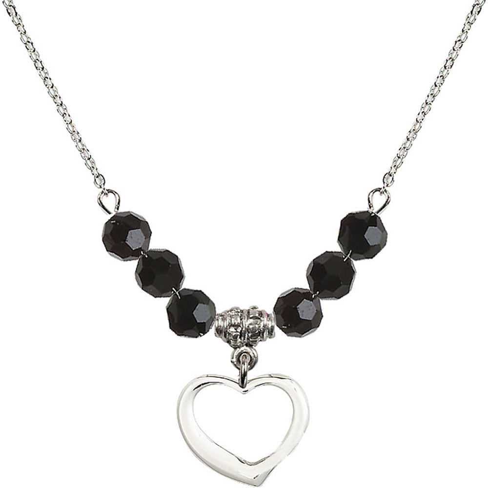 Sterling Silver Heart Birthstone Necklace with Jet Beads - 4208