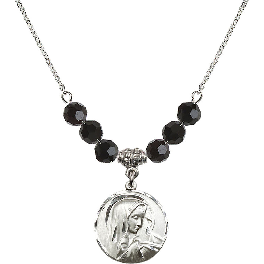 Sterling Silver Sorrowful Mother Birthstone Necklace with Jet Beads - 4249