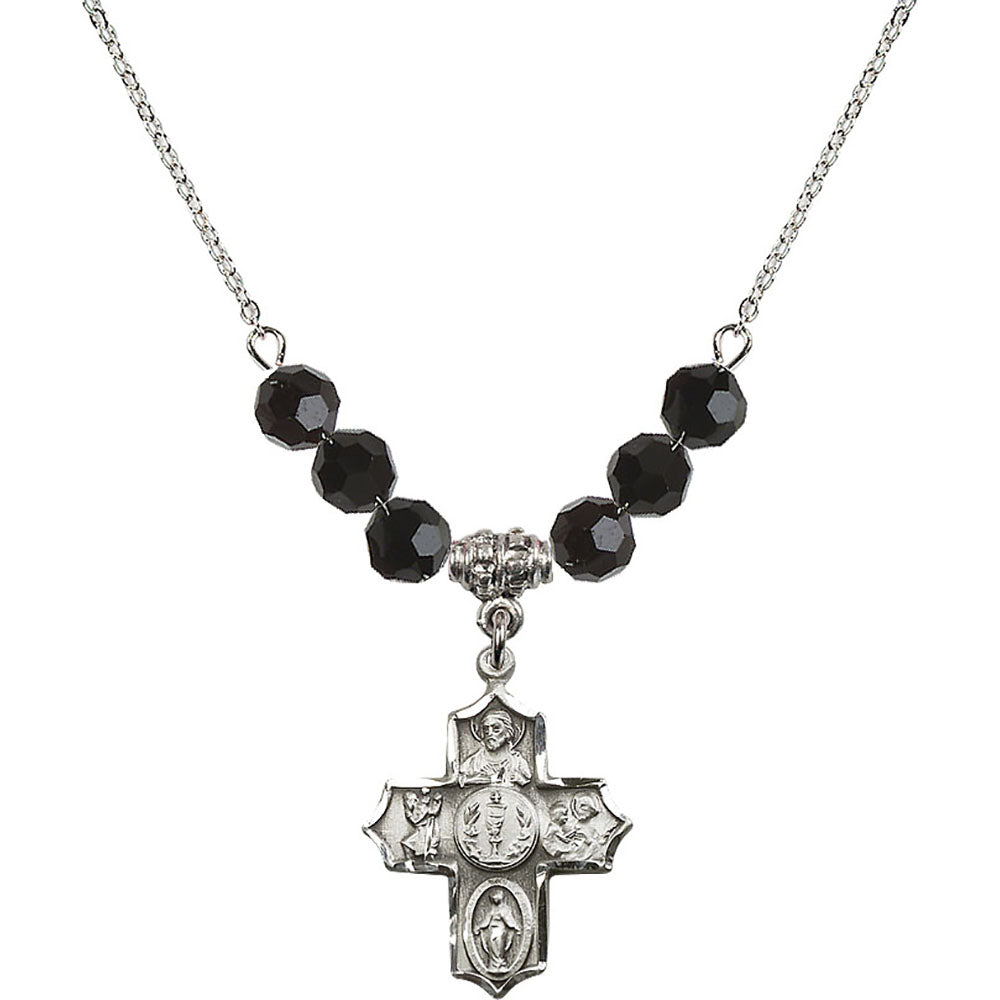 Sterling Silver 4-Way Birthstone Necklace with Jet Beads - 4256