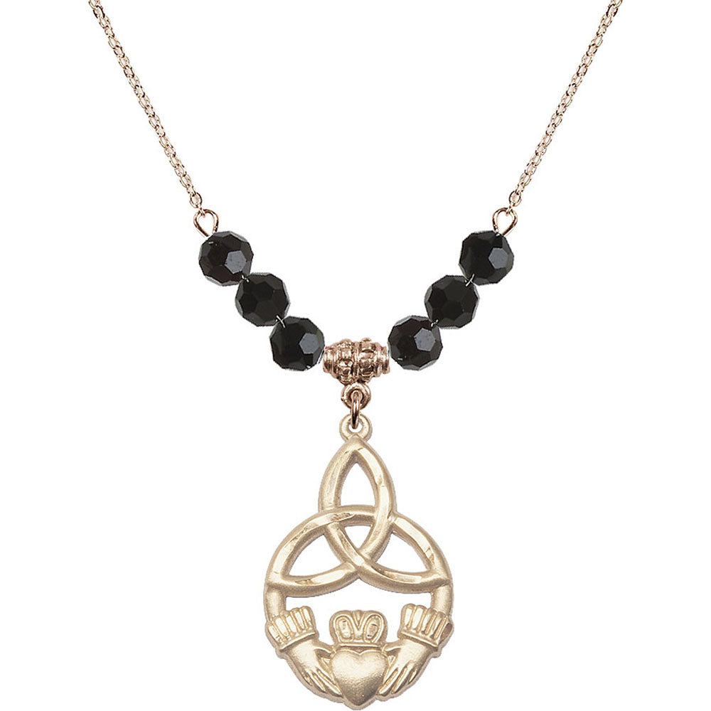 14kt Gold Filled Irish Knot / Claddagh Birthstone Necklace with Jet Beads - 5102