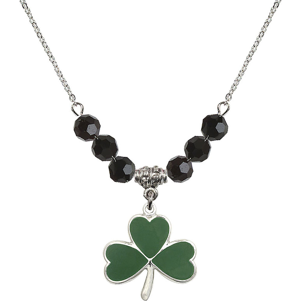 Sterling Silver Shamrock Birthstone Necklace with Jet Beads - 5248
