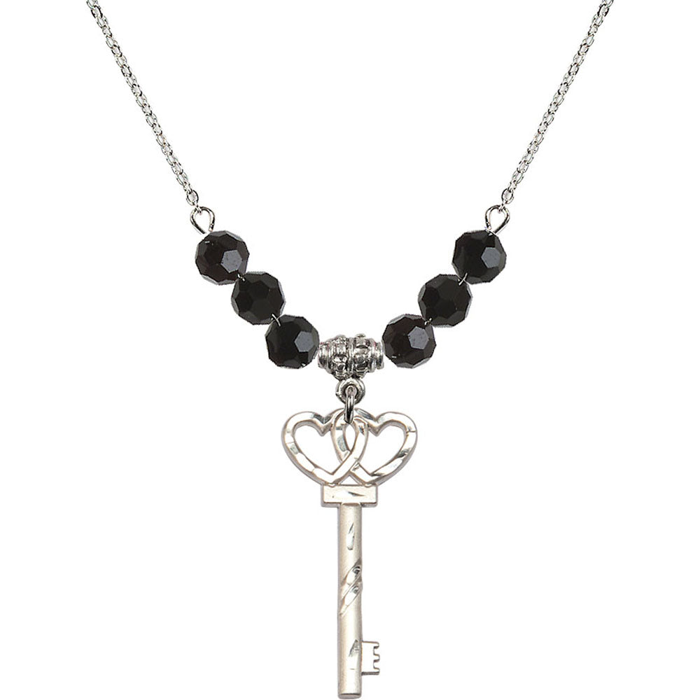 Sterling Silver Small Key w/Double Hearts Birthstone Necklace with Jet Beads - 6213