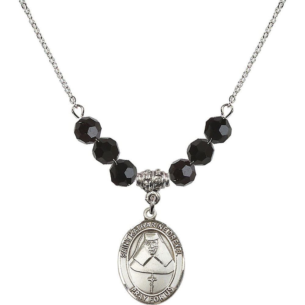 Sterling Silver Saint Katharine Drexel Birthstone Necklace with Jet Beads - 8015