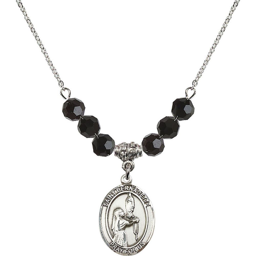 Sterling Silver Saint Bernadette Birthstone Necklace with Jet Beads - 8017