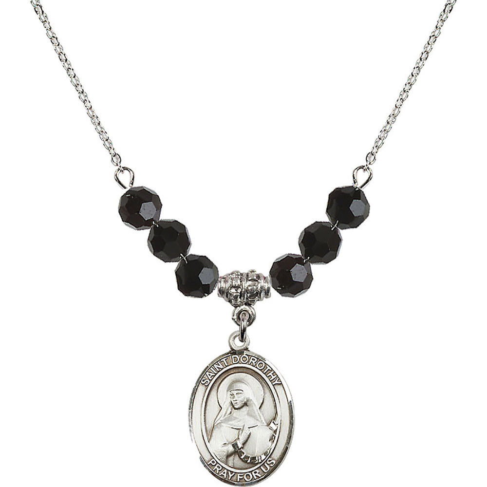 Sterling Silver Saint Dorothy Birthstone Necklace with Jet Beads - 8023