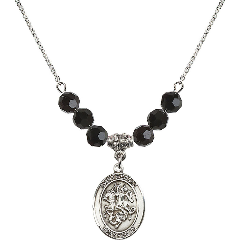 Sterling Silver Saint George Birthstone Necklace with Jet Beads - 8040